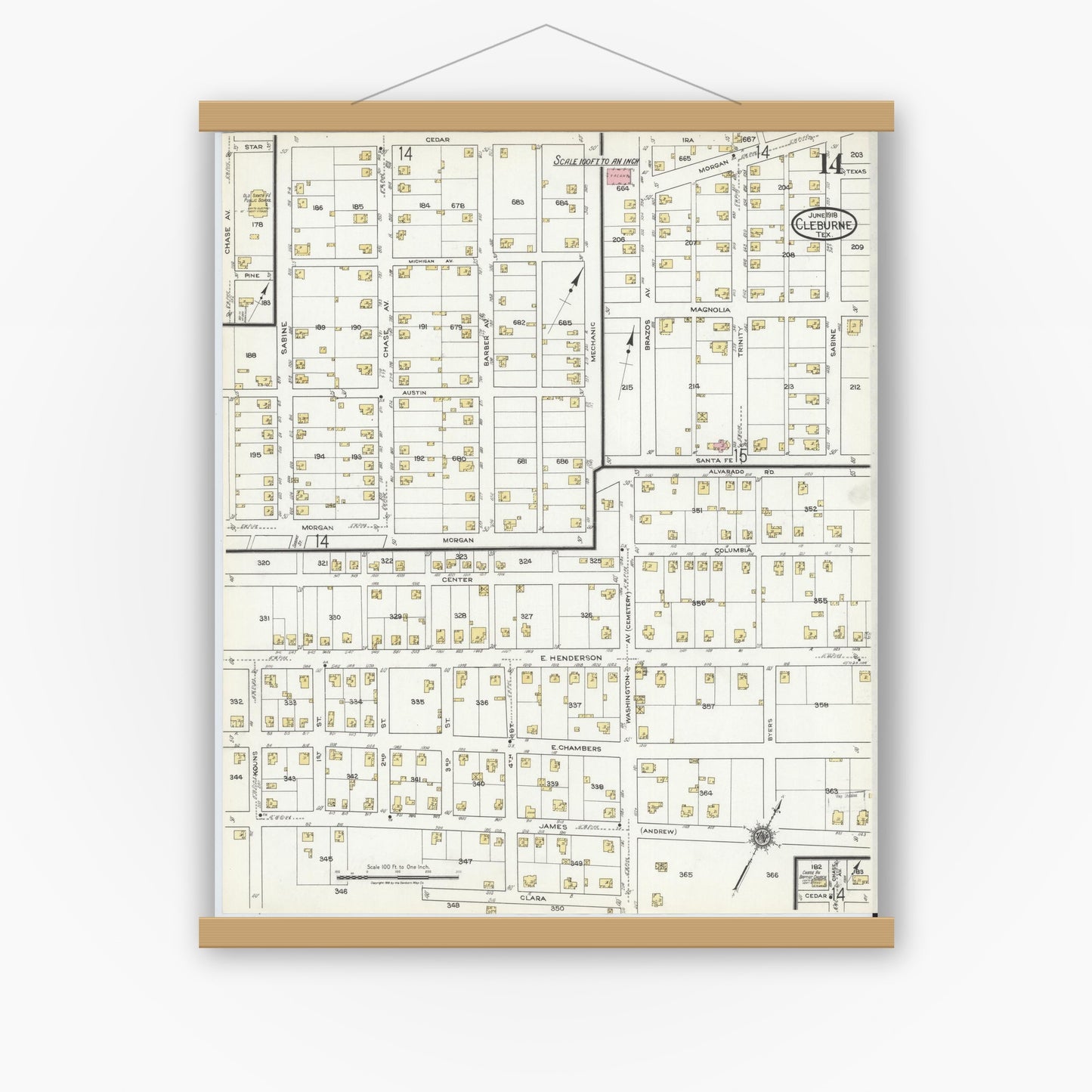 Old map wall art mockup — magnetic wood frame on white wall — Sanborn Fire Insurance Map from Cleburne, Johnson County, Texas (1918), Sheet #0014