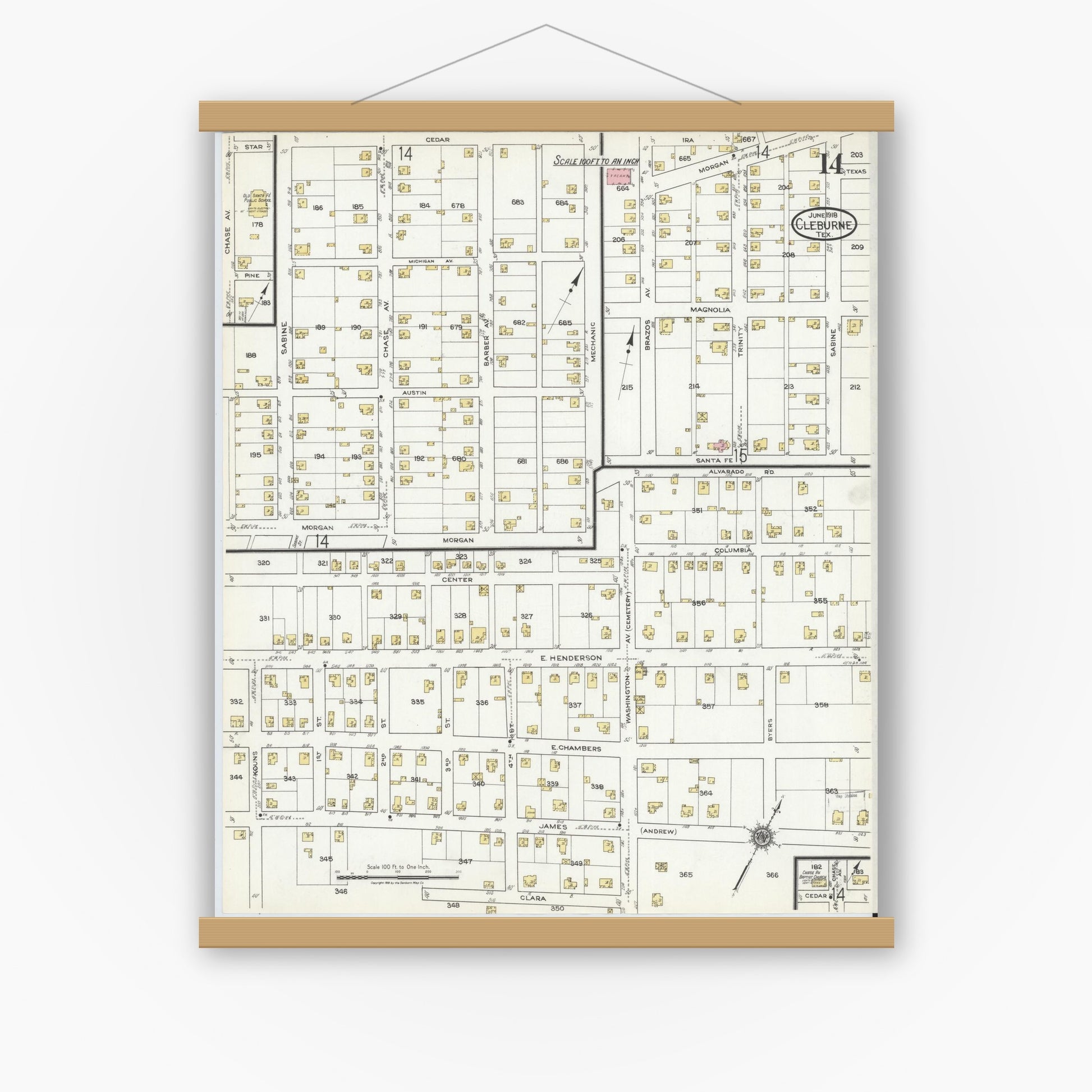 Old map wall art mockup — magnetic wood frame on white wall — Sanborn Fire Insurance Map from Cleburne, Johnson County, Texas (1918), Sheet #0014