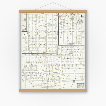 Old map wall art mockup — magnetic wood frame on white wall — Sanborn Fire Insurance Map from Cleburne, Johnson County, Texas (1918), Sheet #0014