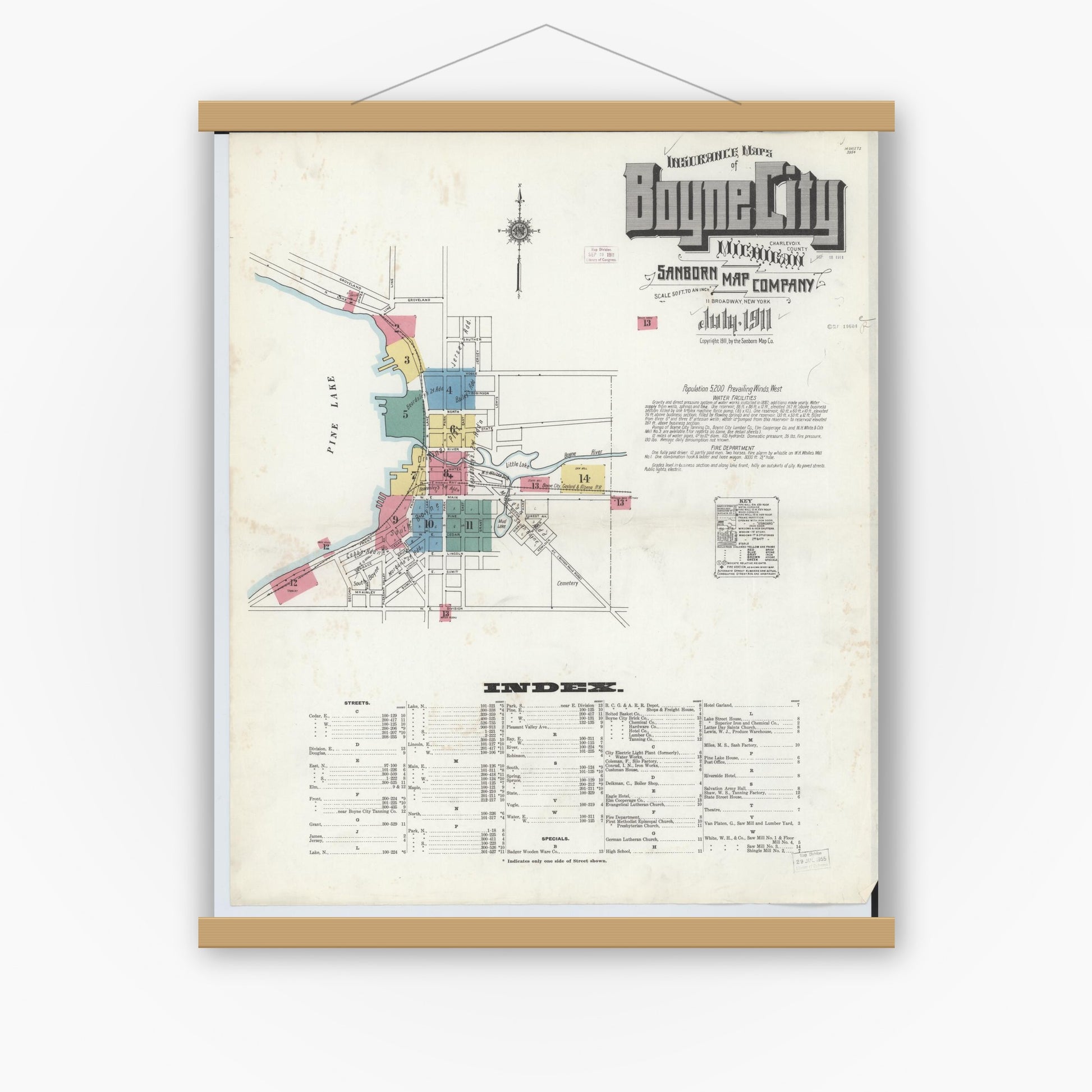 Old map wall art mockup — magnetic wood frame on white wall — Sanborn Fire Insurance Map from Boyne City, Charlevoix County, Michigan (1911), Sheet #0001