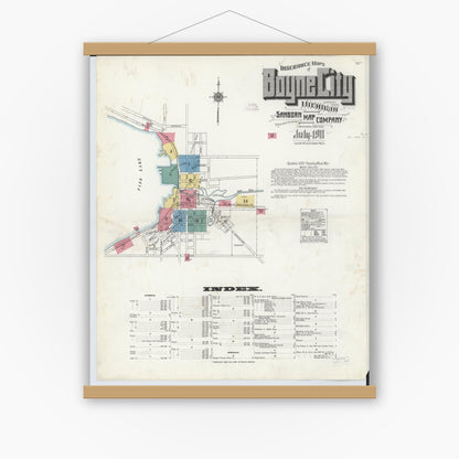 Old map wall art mockup — magnetic wood frame on white wall — Sanborn Fire Insurance Map from Boyne City, Charlevoix County, Michigan (1911), Sheet #0001