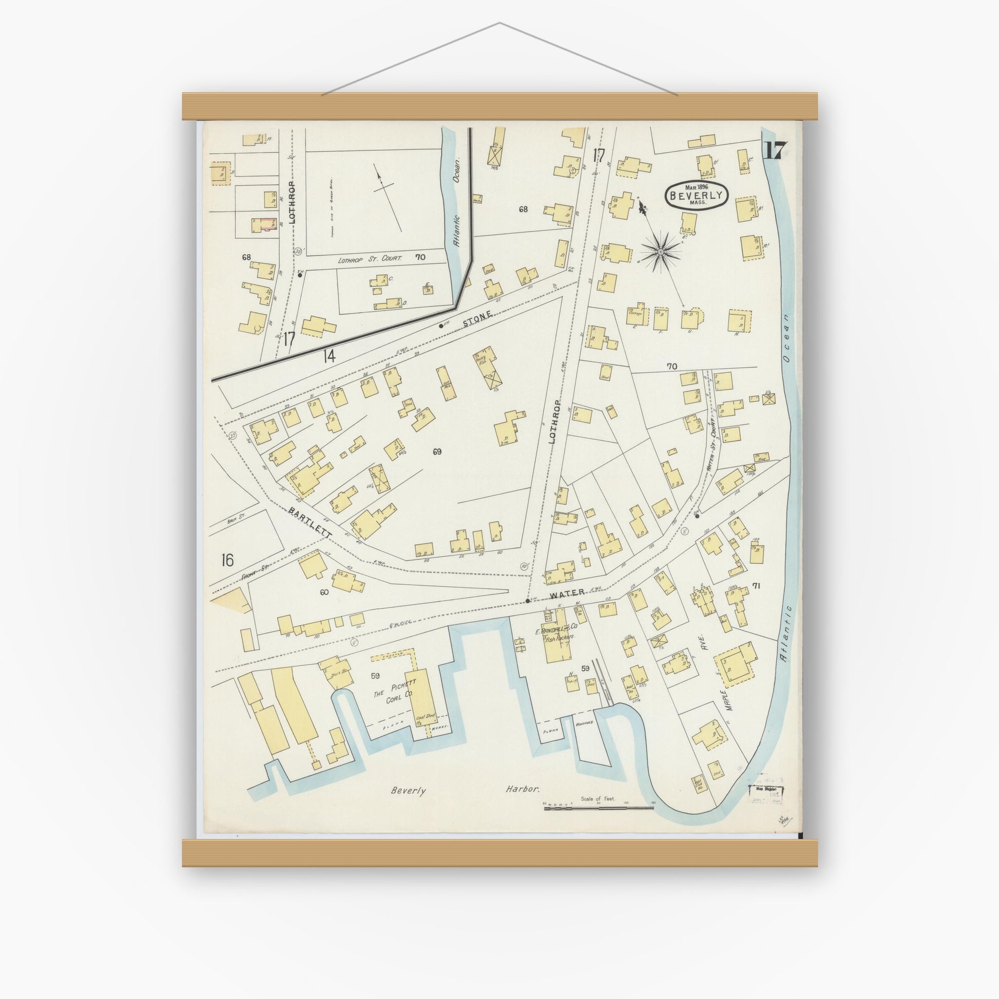 Old map wall art mockup — magnetic wood frame on white wall — Sanborn Fire Insurance Map from Beverly, Essex County, Massachusetts (1896), Sheet #0017