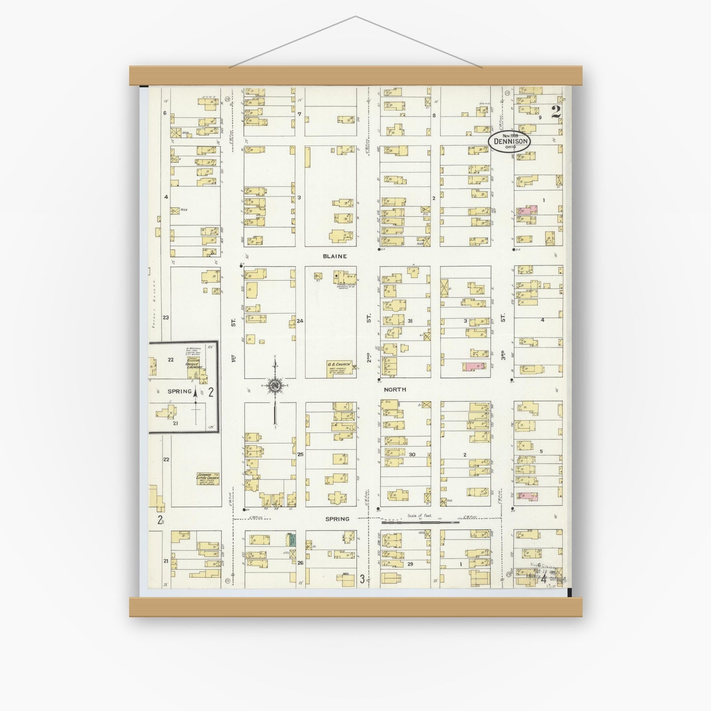 Old map wall art mockup — magnetic wood frame on white wall — Sanborn Fire Insurance Map from Dennison, Tuscarawas County, Ohio (1909), Sheet #0002