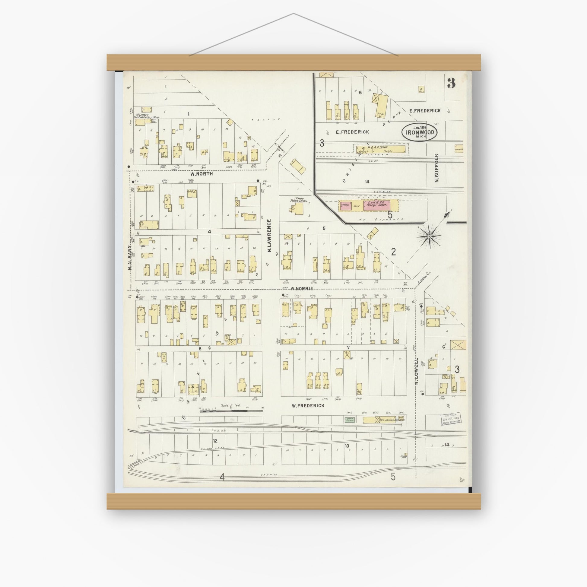 Old map wall art mockup — magnetic wood frame on white wall — Sanborn Fire Insurance Map from Ironwood, Gogebic County, Michigan (1898), Sheet #0003