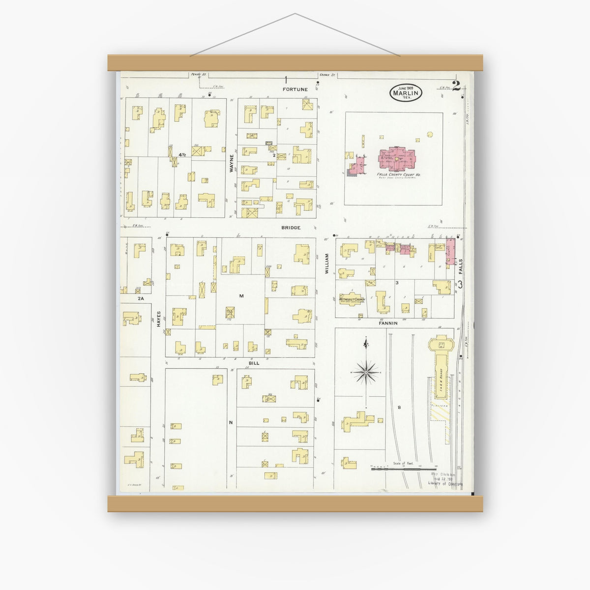 Old map wall art mockup — magnetic wood frame on white wall — Sanborn Fire Insurance Map from Marlin, Falls County, Texas (1909), Sheet #0002