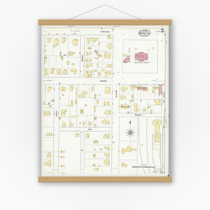 Old map wall art mockup — magnetic wood frame on white wall — Sanborn Fire Insurance Map from Marlin, Falls County, Texas (1909), Sheet #0002