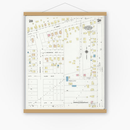 Old map wall art mockup — magnetic wood frame on white wall — Sanborn Fire Insurance Map from Ann Arbor, Washtenaw County, Michigan (1925), Sheet #0020