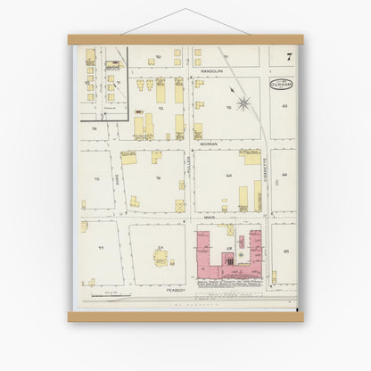 Old map wall art mockup — magnetic wood frame on white wall — Sanborn Fire Insurance Map from Durham, Durham County, North Carolina (1893), Sheet #0007