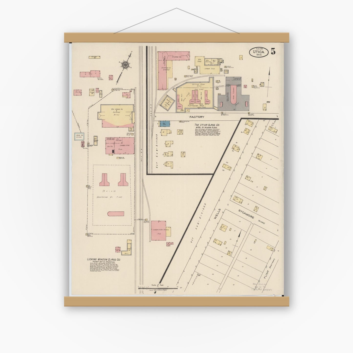 Old map wall art mockup — magnetic wood frame on white wall — Sanborn Fire Insurance Map from Utica, Licking County, Ohio (1922), Sheet #0005