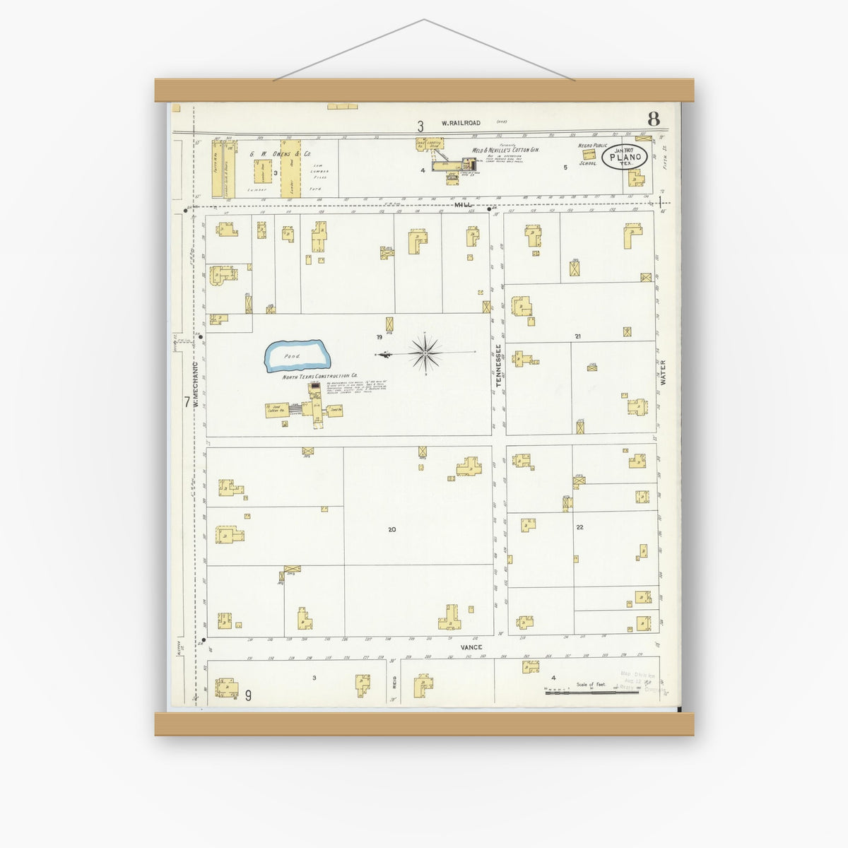 Old map wall art mockup — magnetic wood frame on white wall — Sanborn Fire Insurance Map from Plano, Collin County, Texas (1907), Sheet #0008