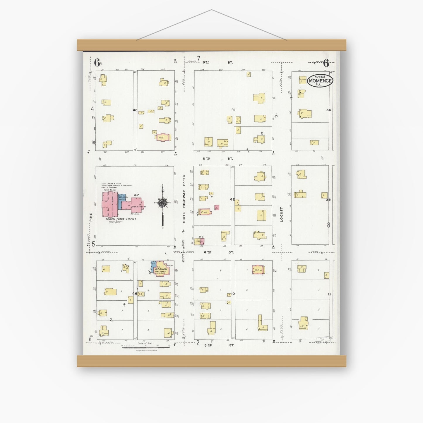 Old map wall art mockup — magnetic wood frame on white wall — Sanborn Fire Insurance Map from Momence, Kankakee County, Illinois (1924), Sheet #0006