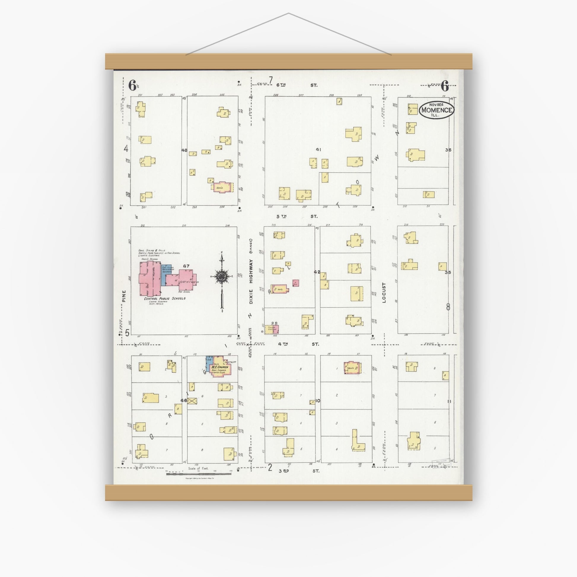 Old map wall art mockup — magnetic wood frame on white wall — Sanborn Fire Insurance Map from Momence, Kankakee County, Illinois (1924), Sheet #0006