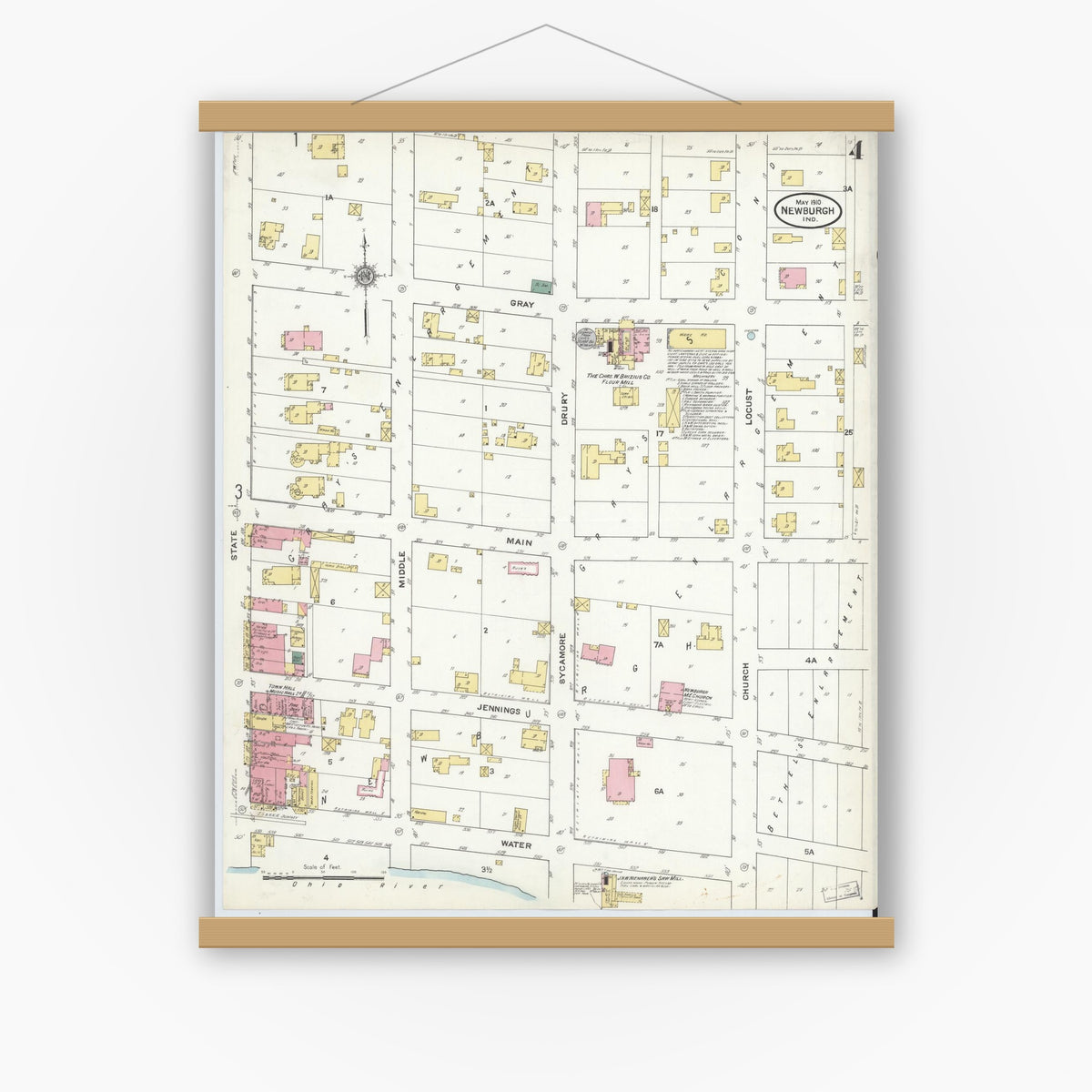 Old map wall art mockup — magnetic wood frame on white wall — Sanborn Fire Insurance Map from Newburgh, Warrick County, Indiana (1910), Sheet #0004