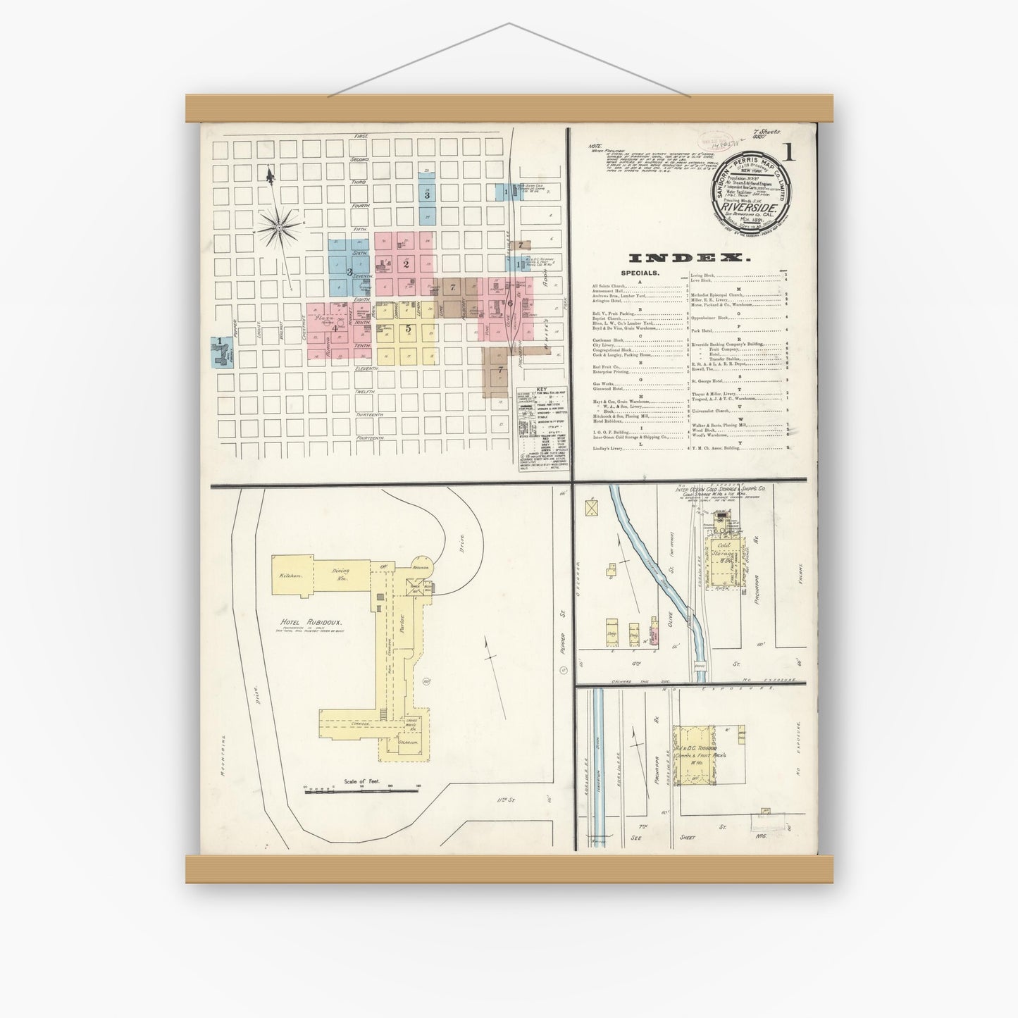 Old map wall art mockup — magnetic wood frame on white wall — Sanborn Fire Insurance Map from Riverside, Riverside County, California (1891) - Complete Map Set
