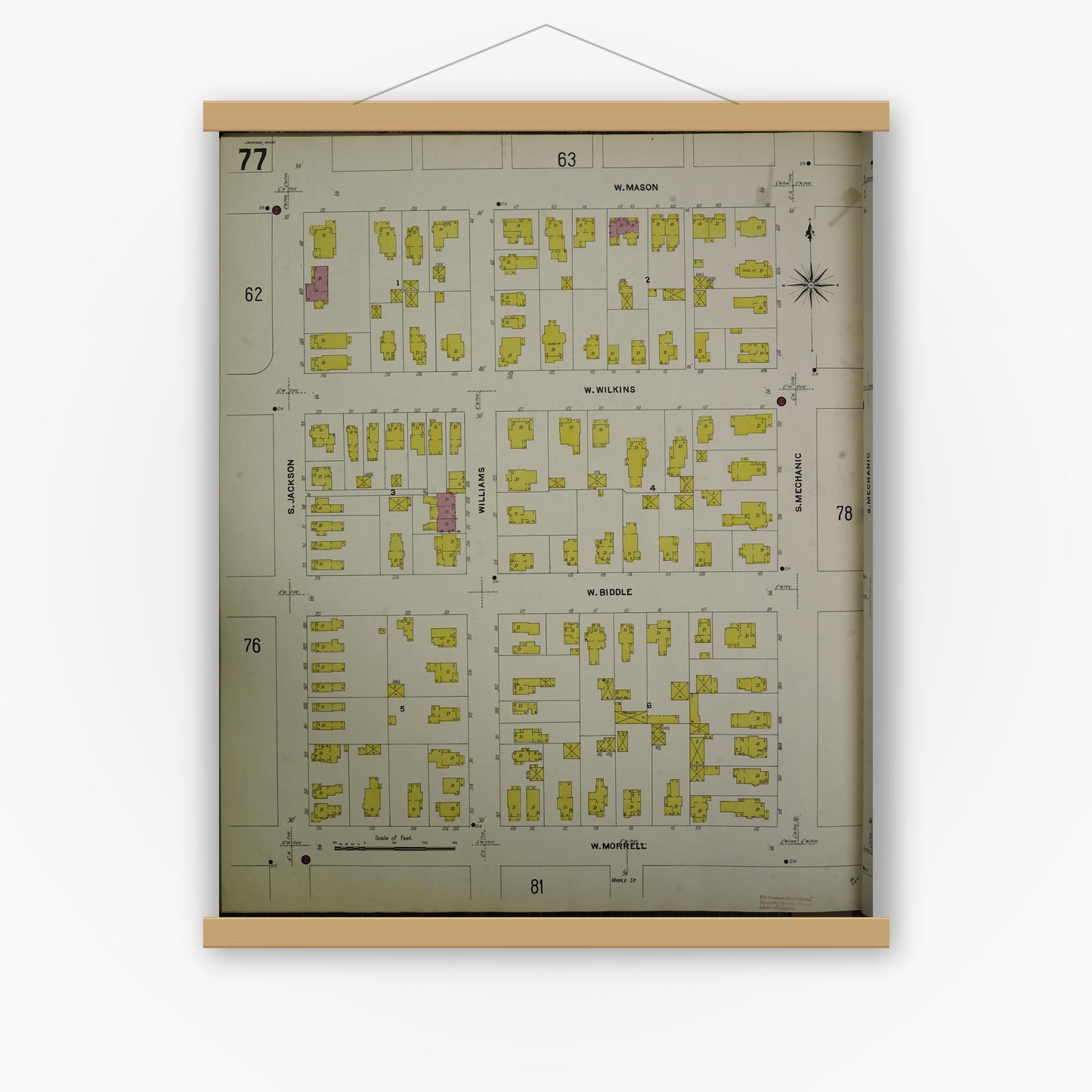 Old map wall art mockup — magnetic wood frame on white wall — Sanborn Fire Insurance Map from Jackson, Jackson County, Michigan (1907), Sheet #0077