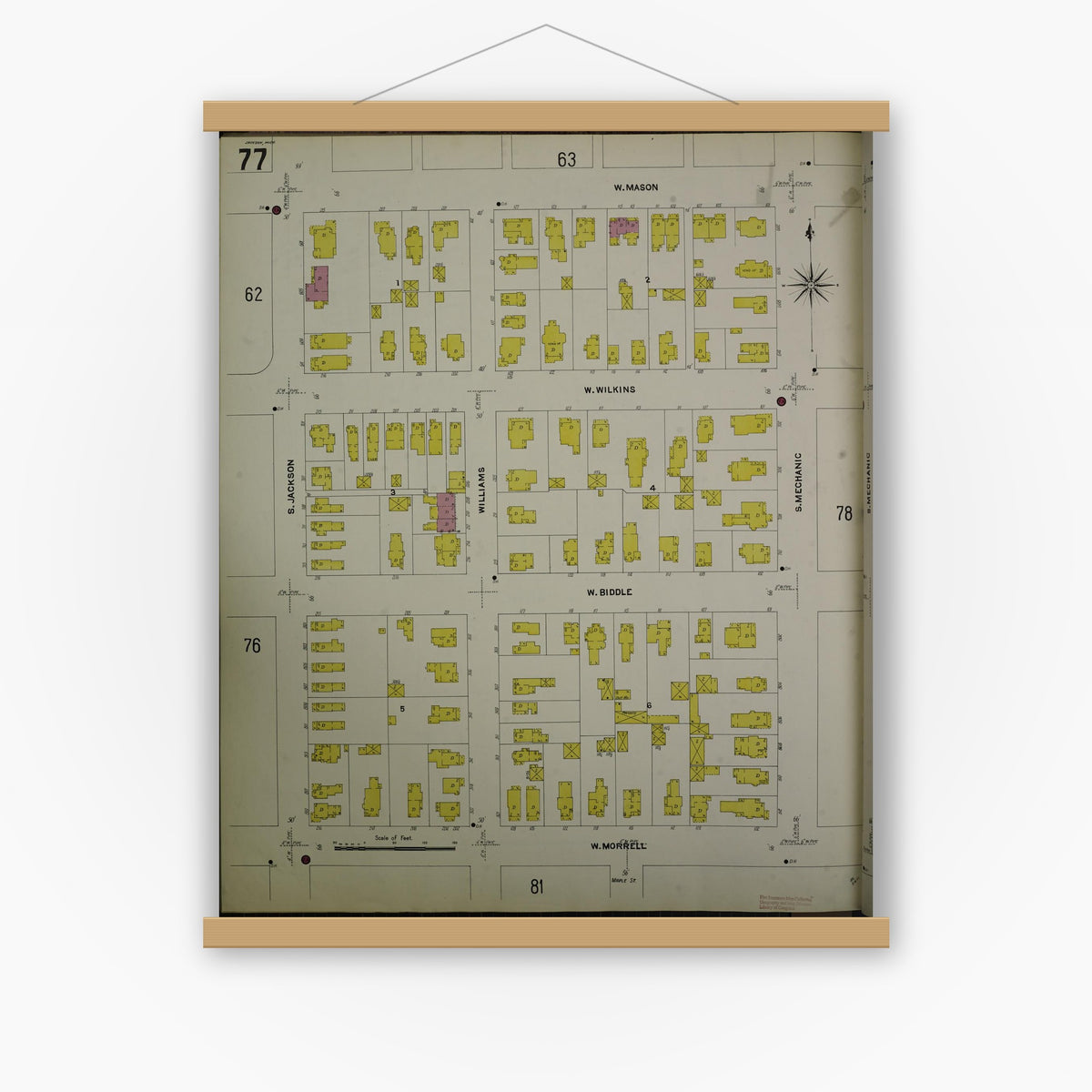 Old map wall art mockup — magnetic wood frame on white wall — Sanborn Fire Insurance Map from Jackson, Jackson County, Michigan (1907), Sheet #0077