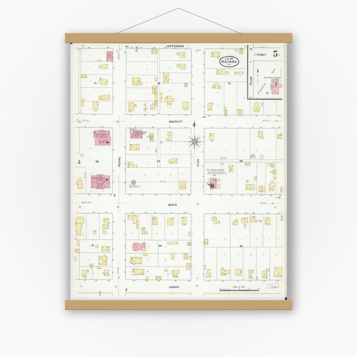 Old map wall art mockup — magnetic wood frame on white wall — Sanborn Fire Insurance Map from Havana, Mason County, Illinois (1909), Sheet #0005