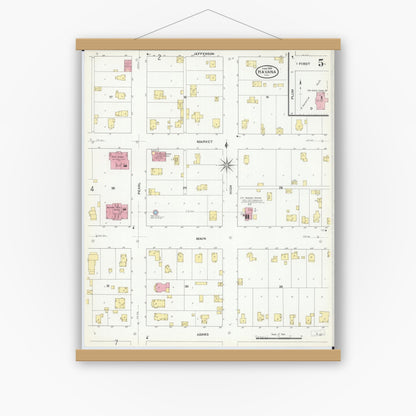 Old map wall art mockup — magnetic wood frame on white wall — Sanborn Fire Insurance Map from Havana, Mason County, Illinois (1909), Sheet #0005