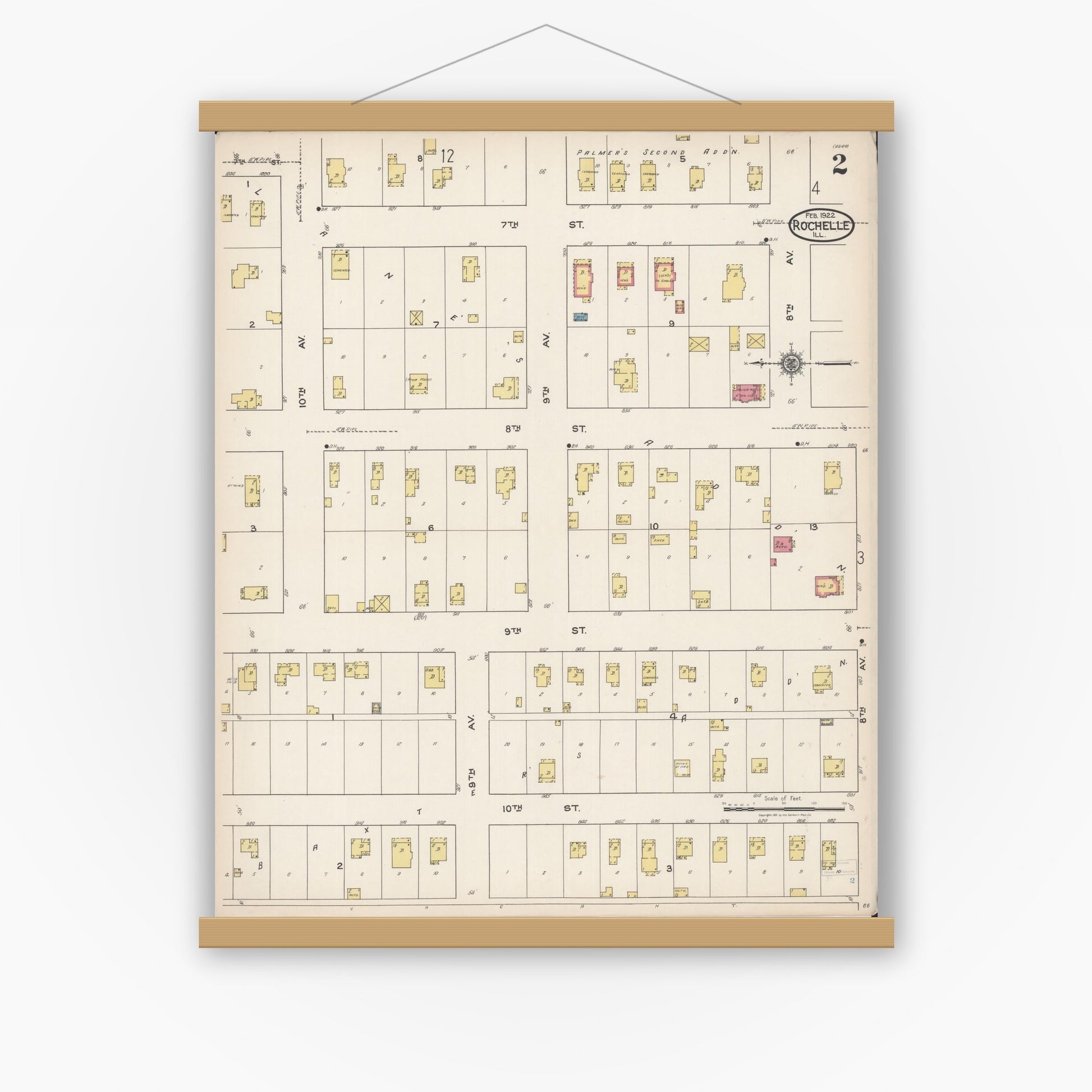Old map wall art mockup — magnetic wood frame on white wall — Sanborn Fire Insurance Map from Rochelle, Ogle County, Illinois (1922), Sheet #0002