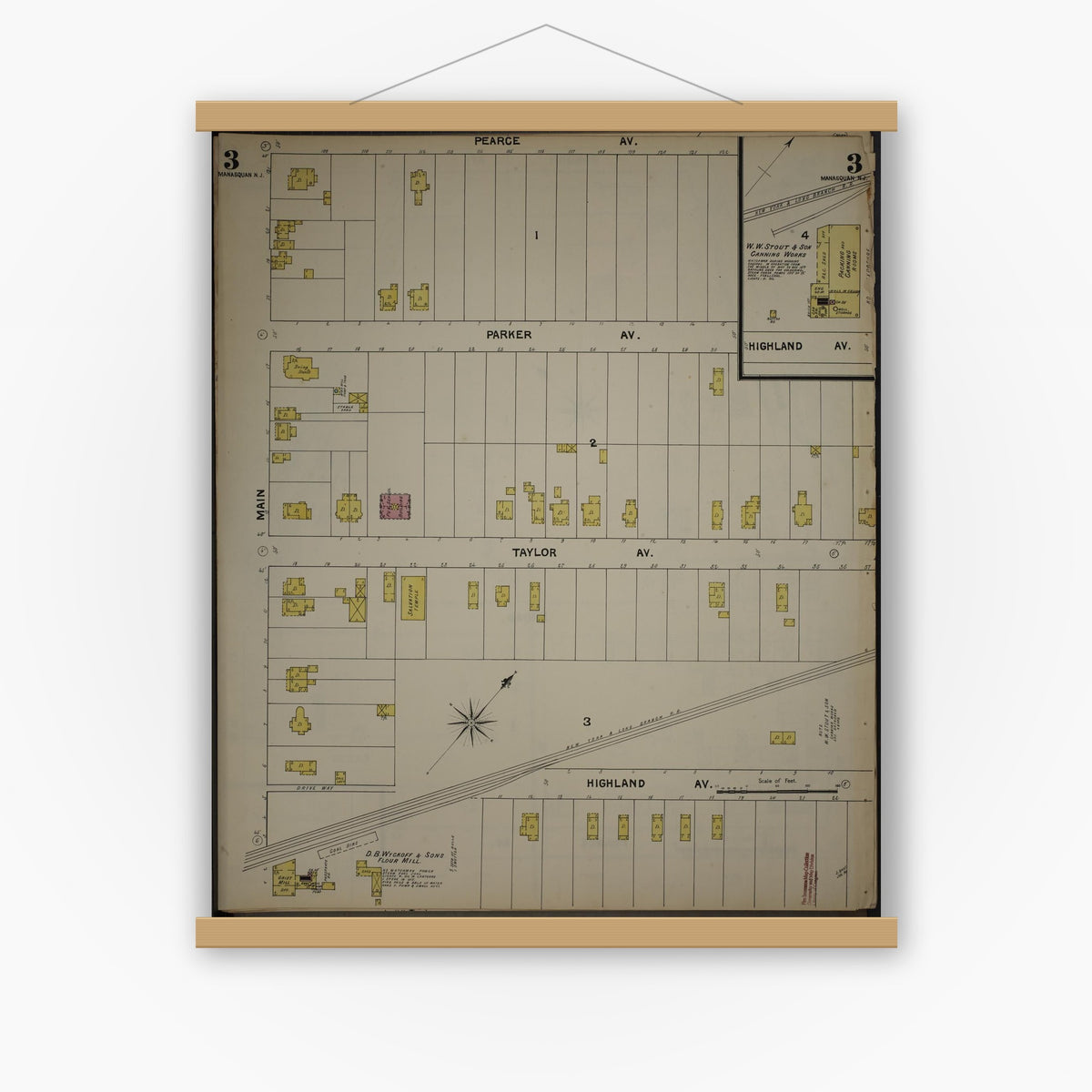 Old map wall art mockup — magnetic wood frame on white wall — Sanborn Fire Insurance Map from New Jersey Coast, New Jersey Coast, New Jersey (1890), Sheet #0003