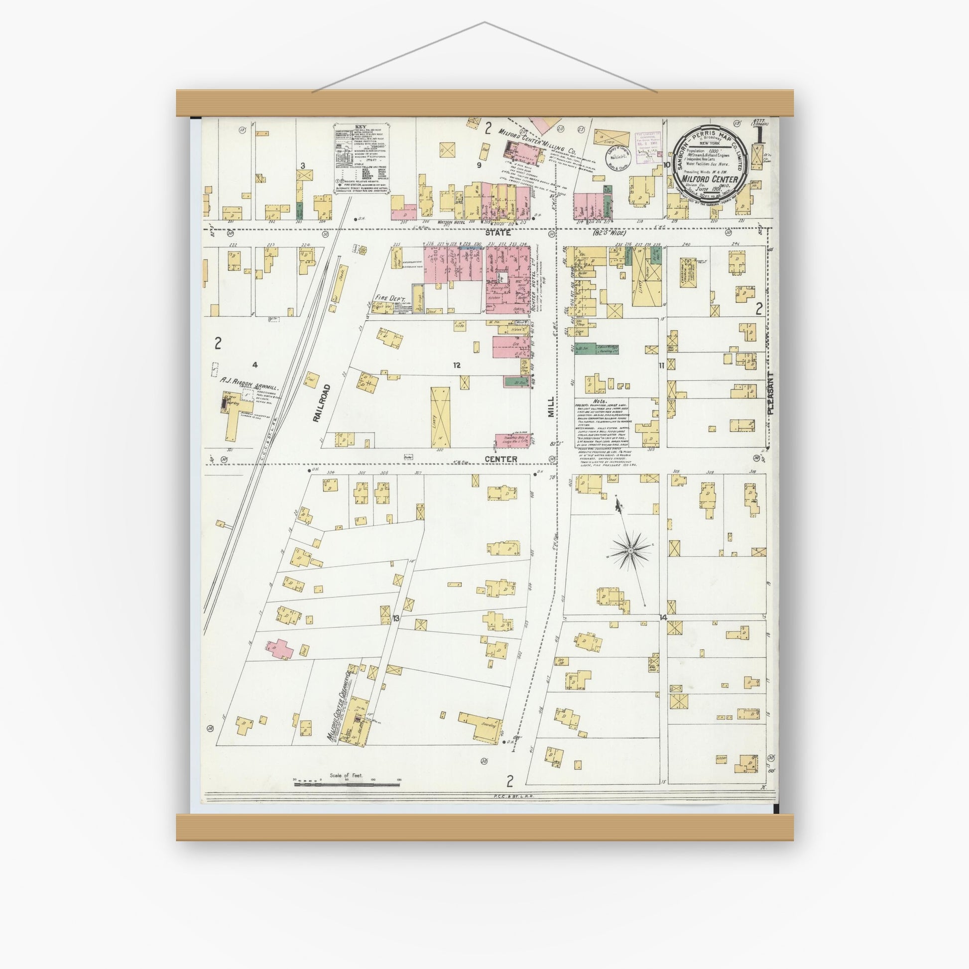 Old map wall art mockup — magnetic wood frame on white wall — Sanborn Fire Insurance Map from Milford Center, Union County, Ohio (1901) - Complete Map Set