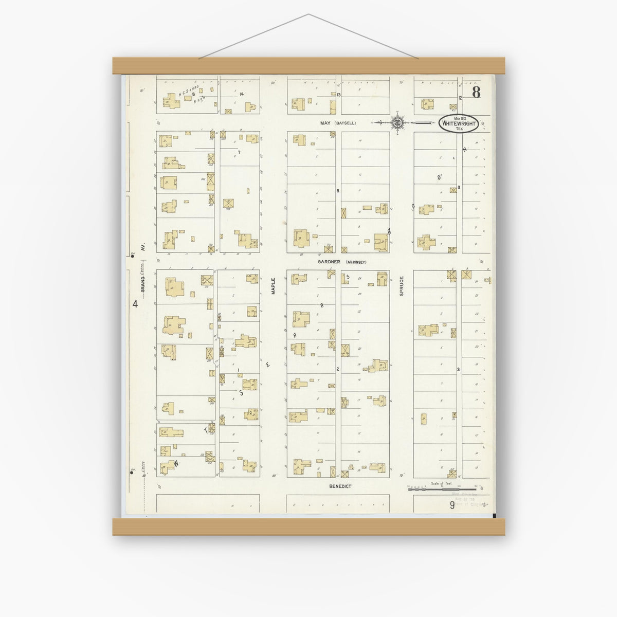Old map wall art mockup — magnetic wood frame on white wall — Sanborn Fire Insurance Map from Whitewright, Grayson County, Texas (1912), Sheet #0008