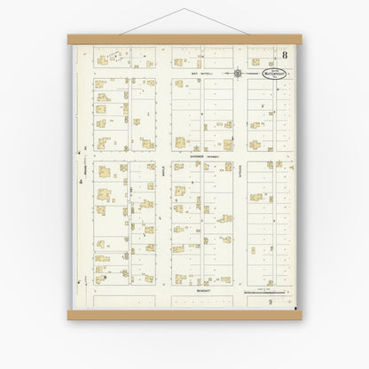 Old map wall art mockup — magnetic wood frame on white wall — Sanborn Fire Insurance Map from Whitewright, Grayson County, Texas (1912), Sheet #0008
