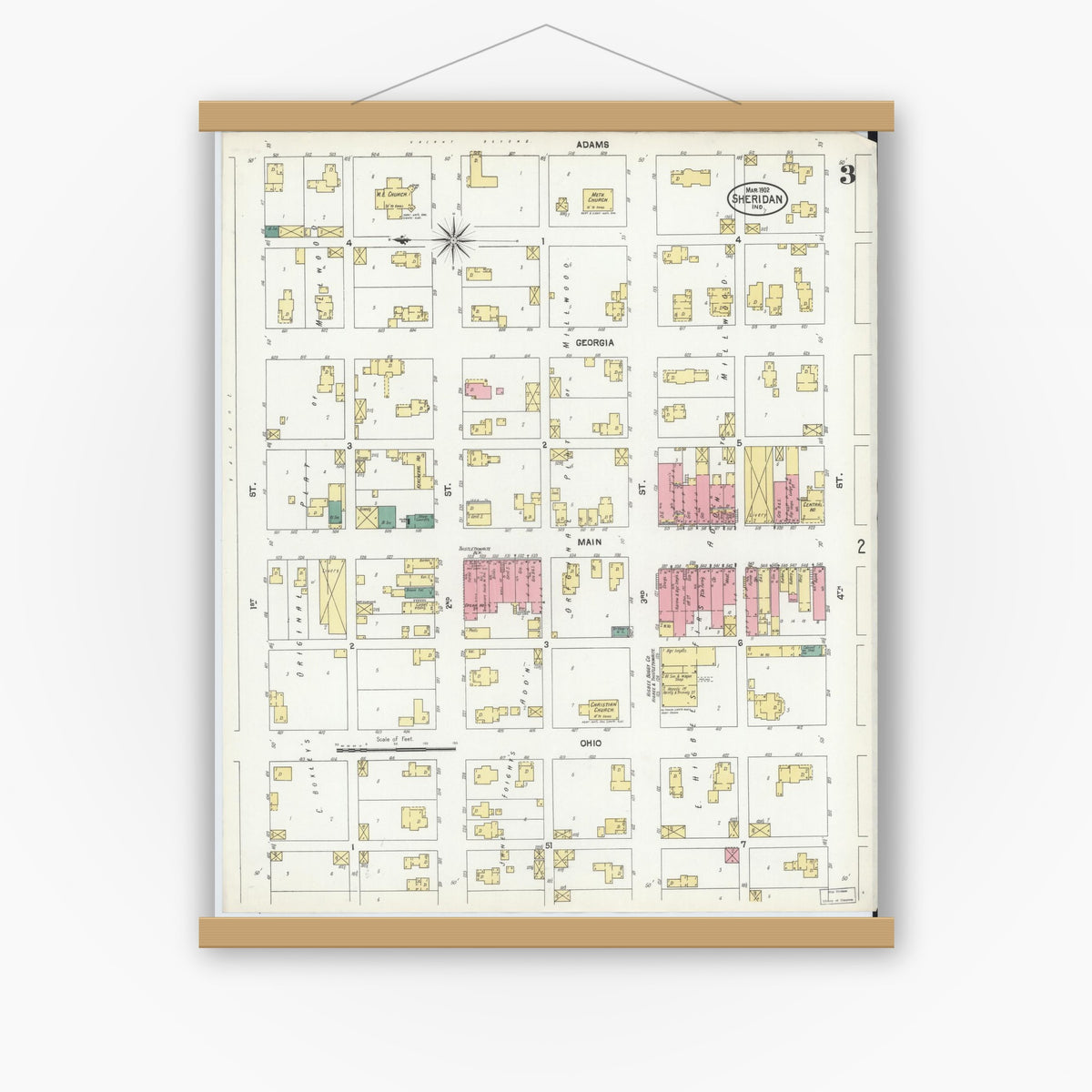 Old map wall art mockup — magnetic wood frame on white wall — Sanborn Fire Insurance Map from Sheridan, Hamilton County, Indiana (1902), Sheet #0003