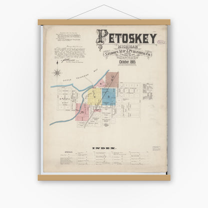 Old map wall art mockup — magnetic wood frame on white wall — Sanborn Fire Insurance Map from Petoskey, Emmet County, Michigan (1885) - Complete Map Set