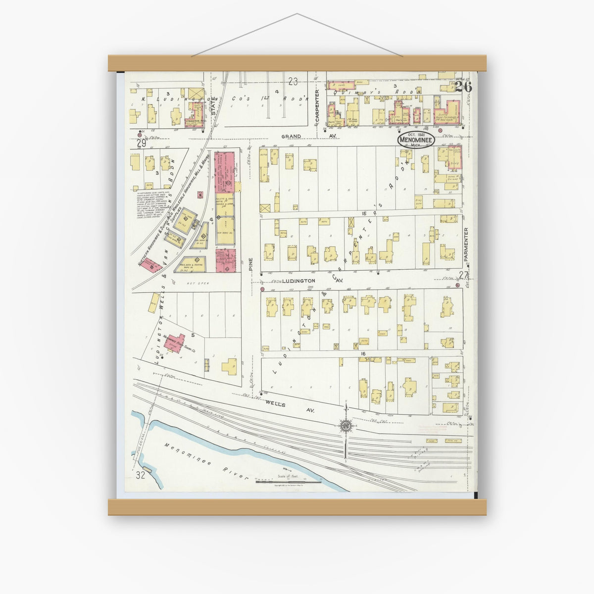 Old map wall art mockup — magnetic wood frame on white wall — Sanborn Fire Insurance Map from Menominee, Menominee County, Michigan (1921), Sheet #0026