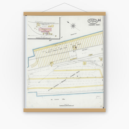 Old map wall art mockup — magnetic wood frame on white wall — Sanborn Fire Insurance Map from Superior, Douglas County, Wisconsin (1887), Sheet #0014