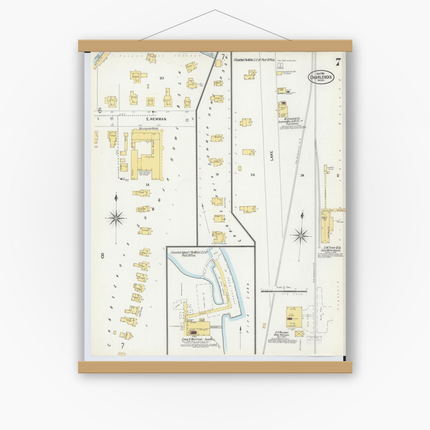 Old map wall art mockup — magnetic wood frame on white wall — Sanborn Fire Insurance Map from Charlevoix, Charlevoix County, Michigan (1901), Sheet #0007