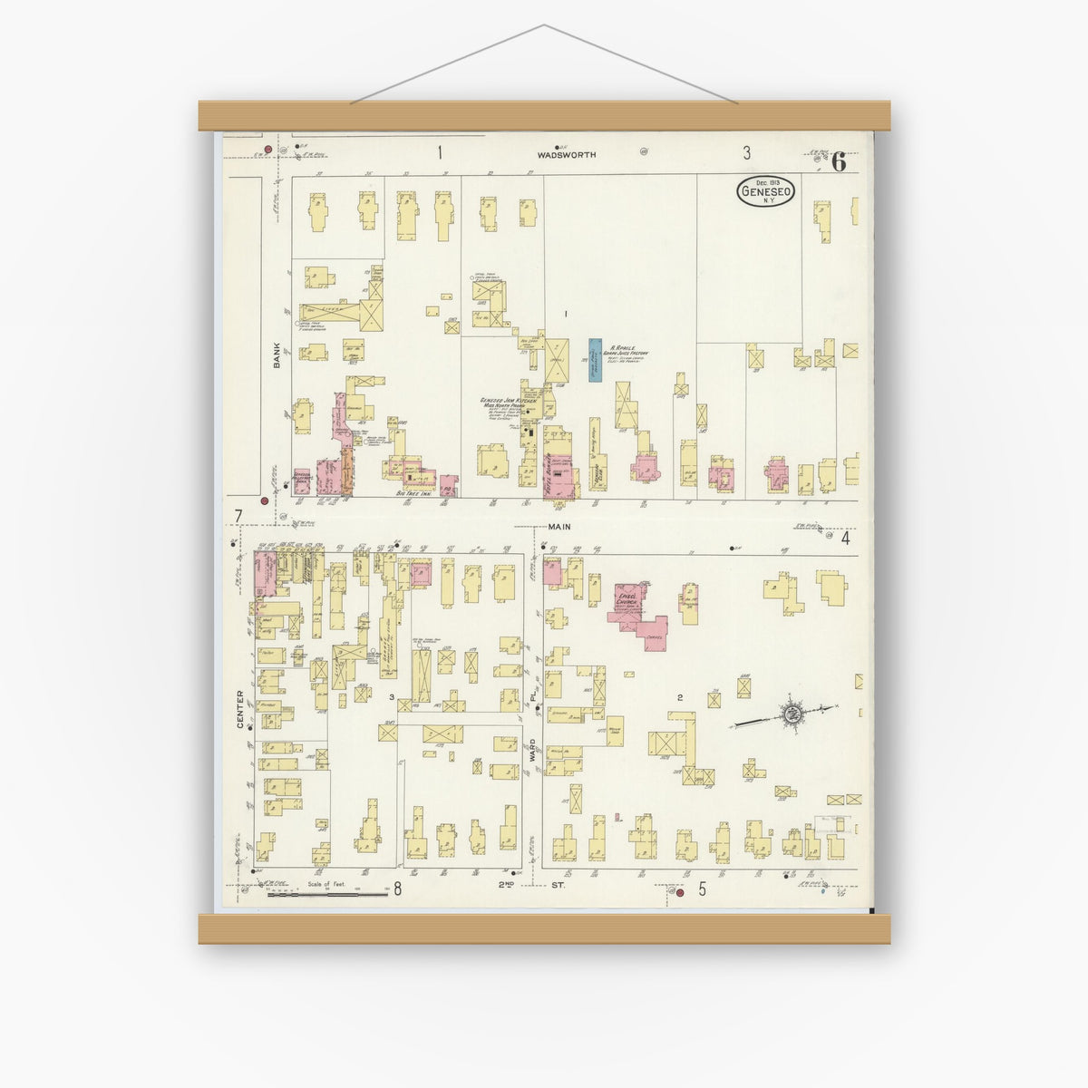 Old map wall art mockup — magnetic wood frame on white wall — Sanborn Fire Insurance Map from Geneseo, Livingston County, New York (1913), Sheet #0006