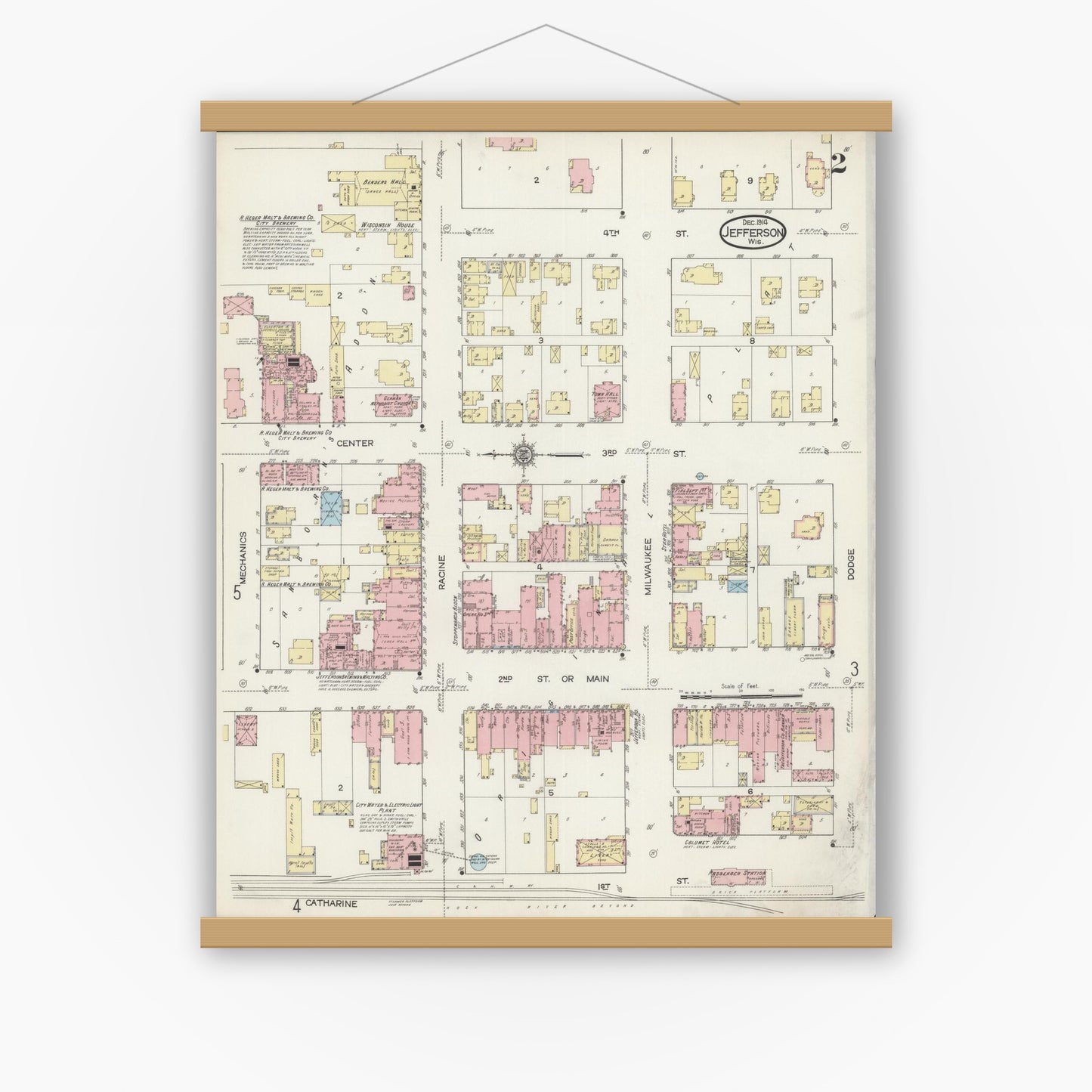 Old map wall art mockup — magnetic wood frame on white wall — Sanborn Fire Insurance Map from Jefferson, Jefferson County, Wisconsin (1914), Sheet #0002