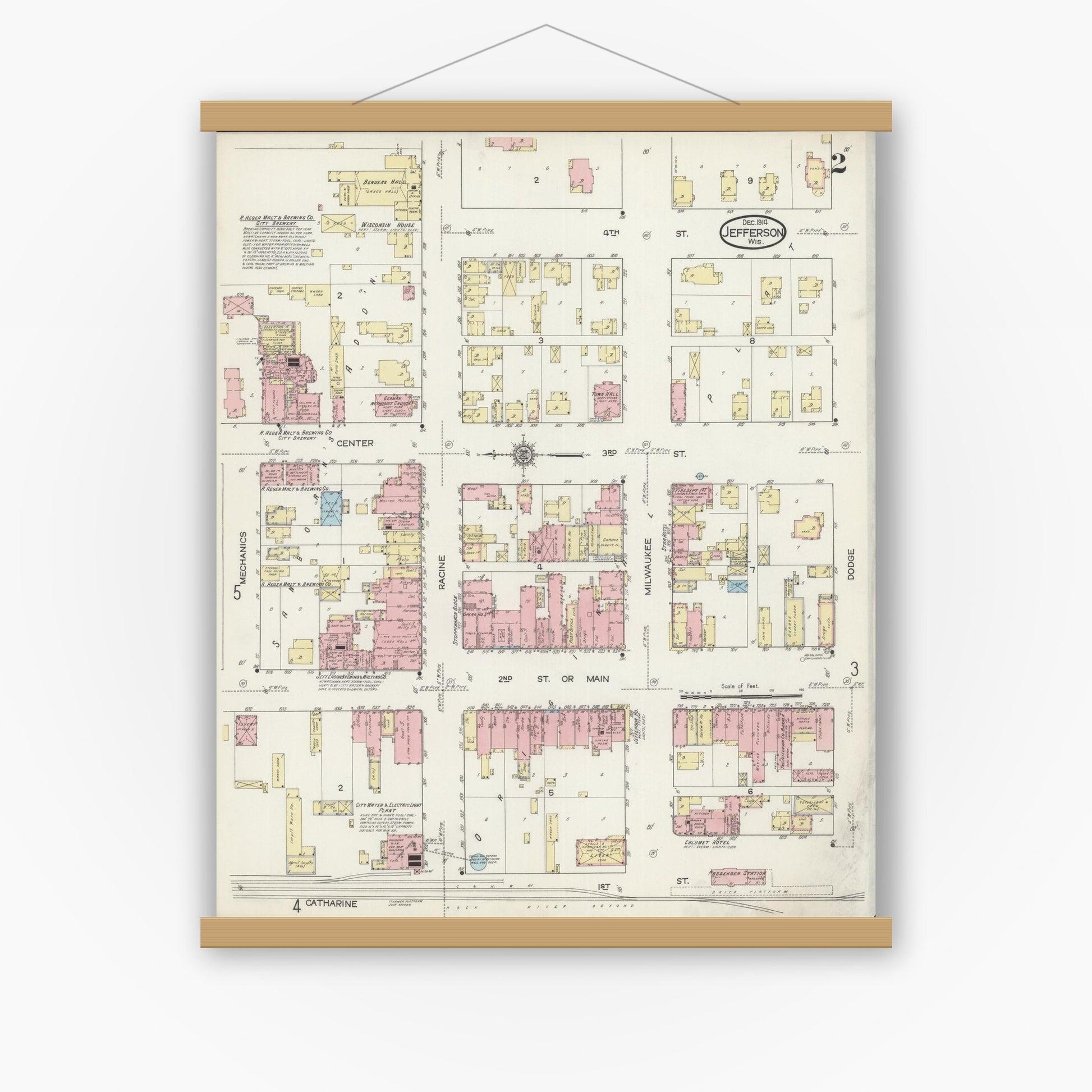 Old map wall art mockup — magnetic wood frame on white wall — Sanborn Fire Insurance Map from Jefferson, Jefferson County, Wisconsin (1914), Sheet #0002