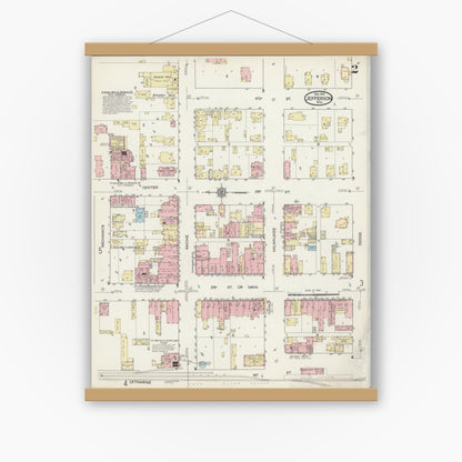 Old map wall art mockup — magnetic wood frame on white wall — Sanborn Fire Insurance Map from Jefferson, Jefferson County, Wisconsin (1914), Sheet #0002