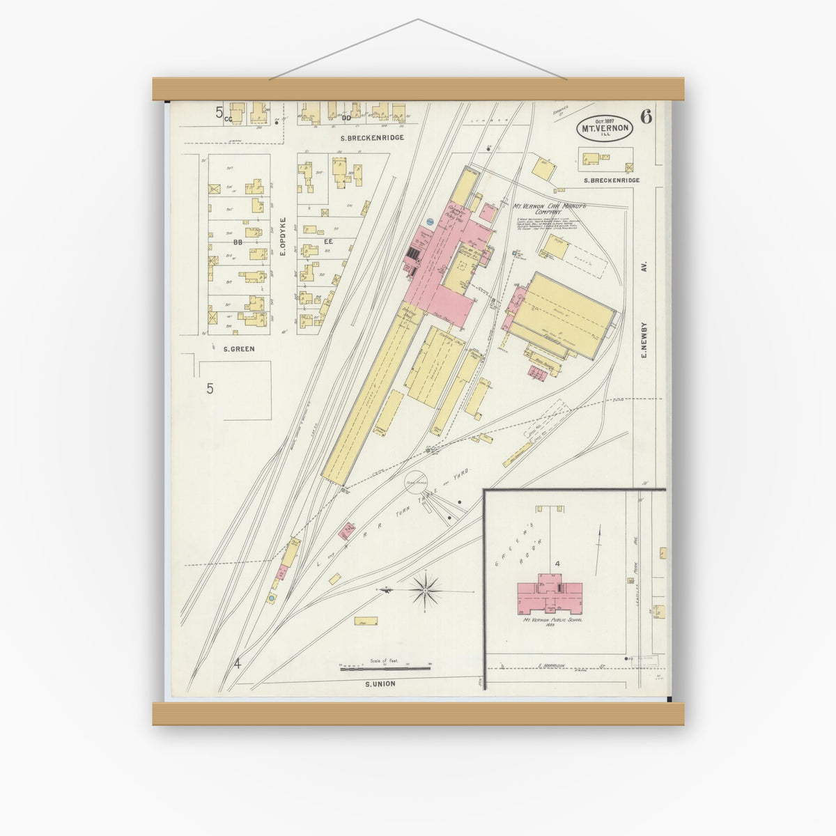 Old map wall art mockup — magnetic wood frame on white wall — Sanborn Fire Insurance Map from Mount Vernon, Jefferson County, Illinois (1897), Sheet #0006