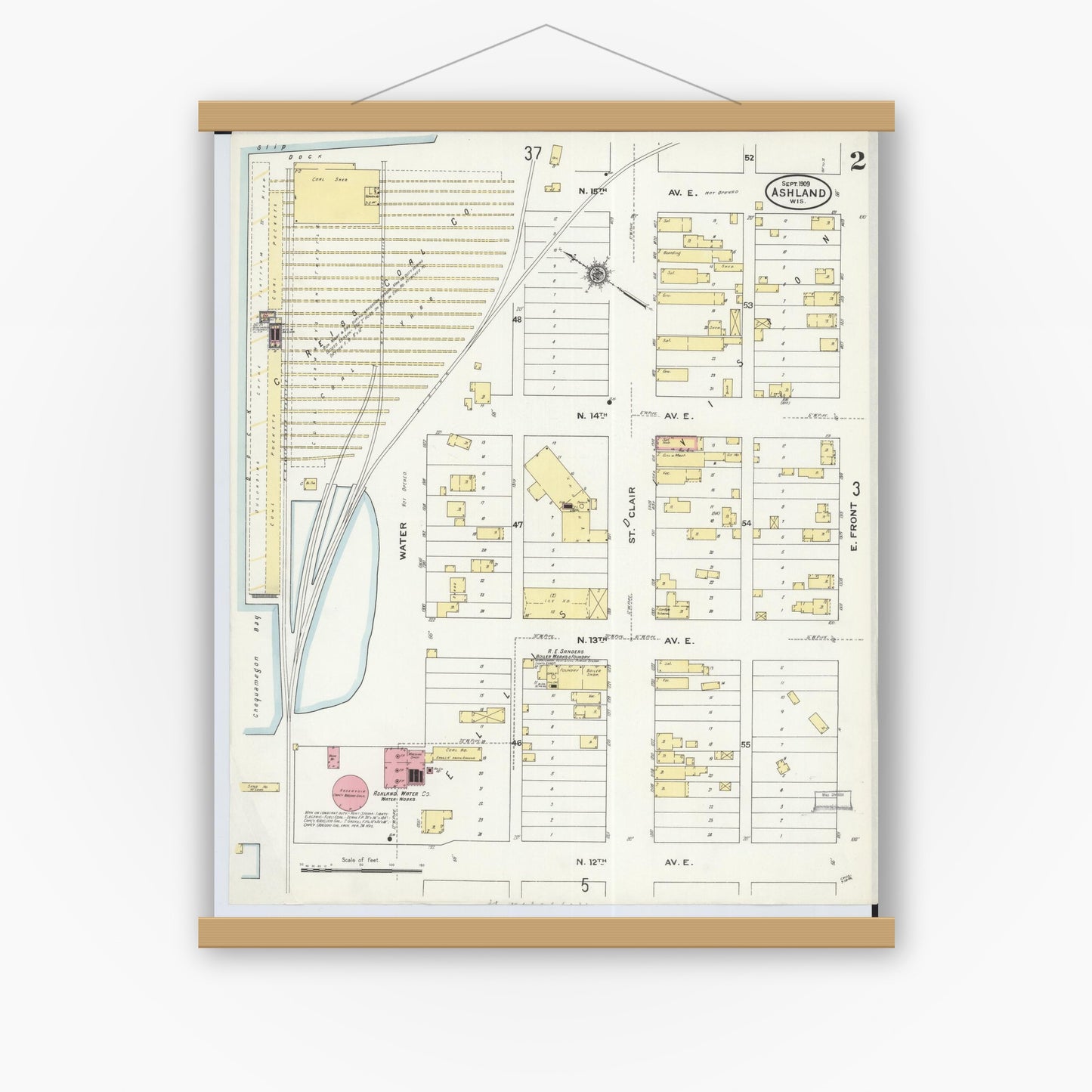 Old map wall art mockup — magnetic wood frame on white wall — Sanborn Fire Insurance Map from Ashland, Ashland County, Wisconsin (1909), Sheet #0002