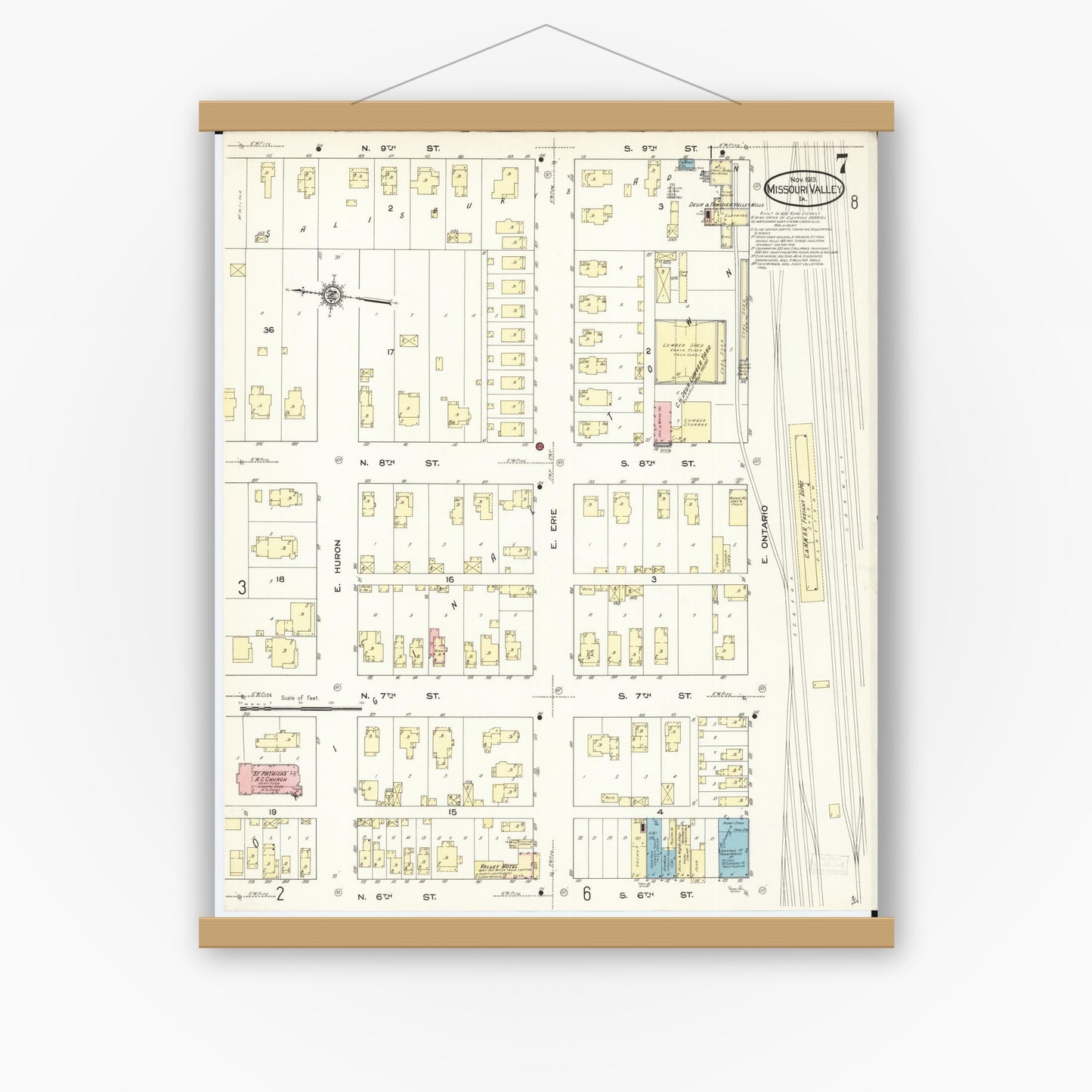 Old map wall art mockup — magnetic wood frame on white wall — Sanborn Fire Insurance Map from Missouri Valley, Harrison County, Iowa (1913), Sheet #0007