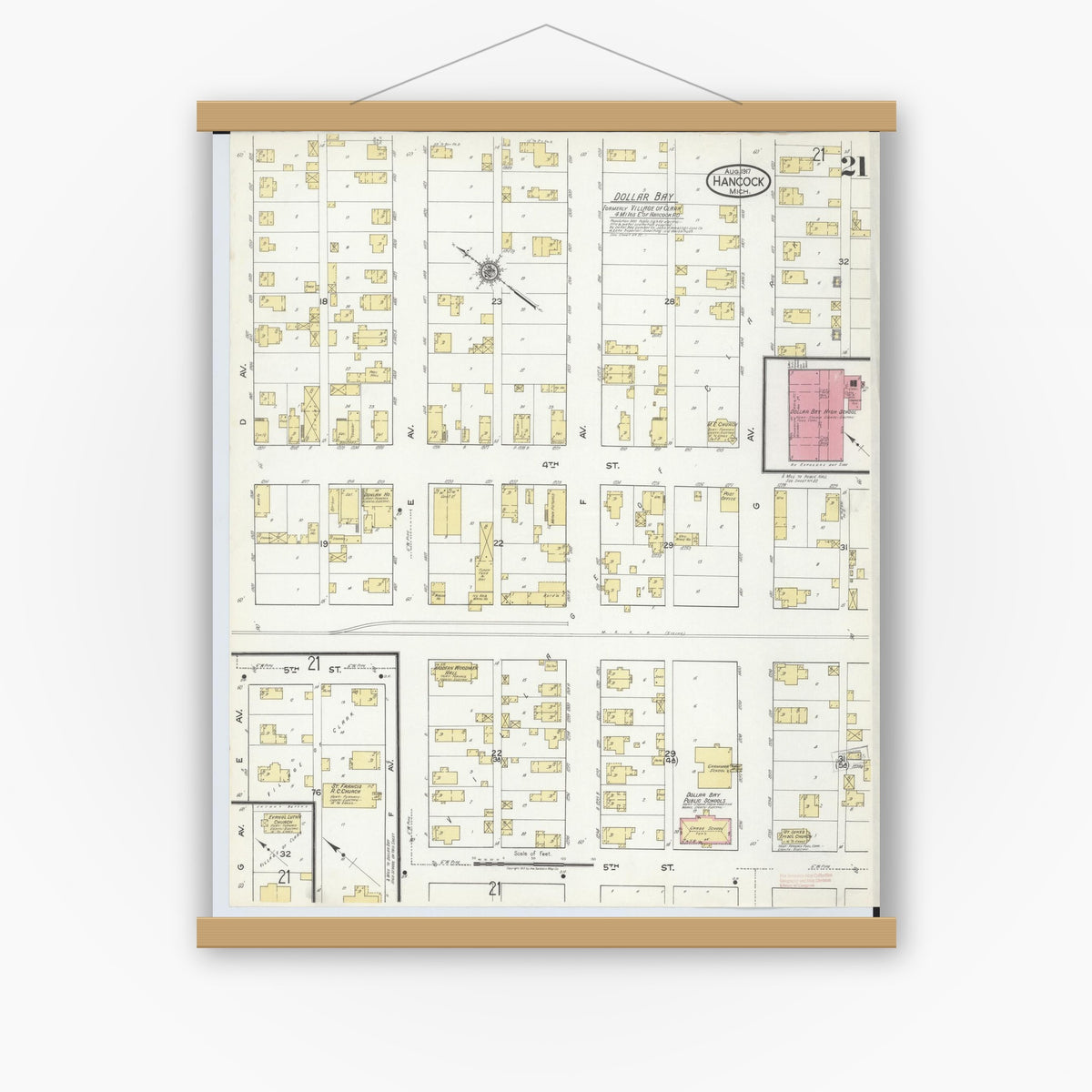 Old map wall art mockup — magnetic wood frame on white wall — Sanborn Fire Insurance Map from Hancock, Houghton County, Michigan (1917), Sheet #0021