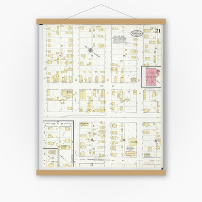 Old map wall art mockup — magnetic wood frame on white wall — Sanborn Fire Insurance Map from Hancock, Houghton County, Michigan (1917), Sheet #0021