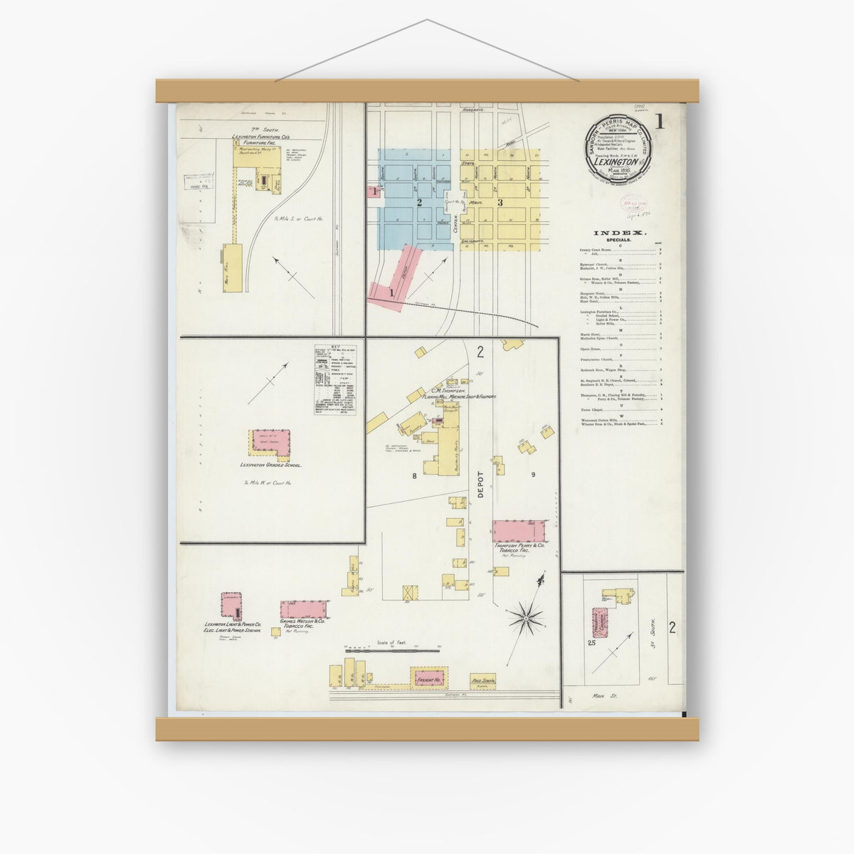 Old map wall art mockup — magnetic wood frame on white wall — Sanborn Fire Insurance Map from Lexington, Davidson County, North Carolina (1896) - Complete Map Set
