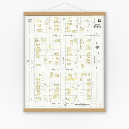 Old map wall art mockup — magnetic wood frame on white wall — Sanborn Fire Insurance Map from Centralia, Marion, Clinton, Jefferson, and Washington Counties, Illinois (1924), Sheet #0012