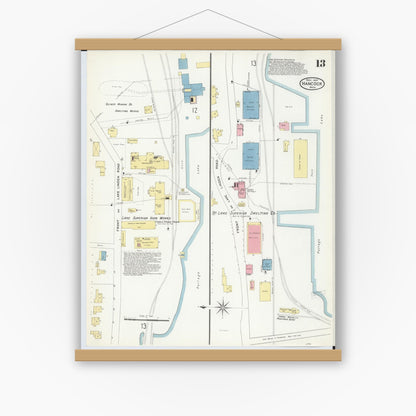Old map wall art mockup — magnetic wood frame on white wall — Sanborn Fire Insurance Map from Hancock, Houghton County, Michigan (1907), Sheet #0013
