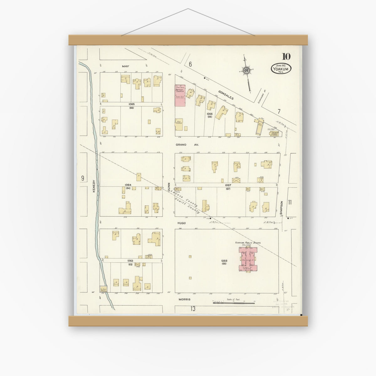 Old map wall art mockup — magnetic wood frame on white wall — Sanborn Fire Insurance Map from Yoakum, De Witt And Lavaca Counties, Texas (1912), Sheet #0010
