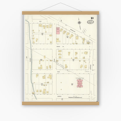Old map wall art mockup — magnetic wood frame on white wall — Sanborn Fire Insurance Map from Yoakum, De Witt And Lavaca Counties, Texas (1912), Sheet #0010