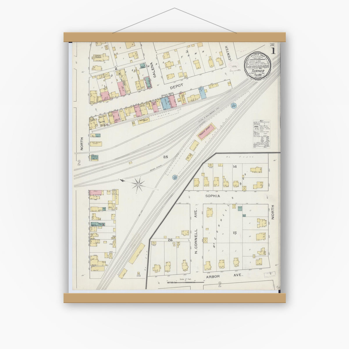Old map wall art mockup — magnetic wood frame on white wall — Sanborn Fire Insurance Map from Turner, Du Page County, Illinois (1893) - Complete Map Set