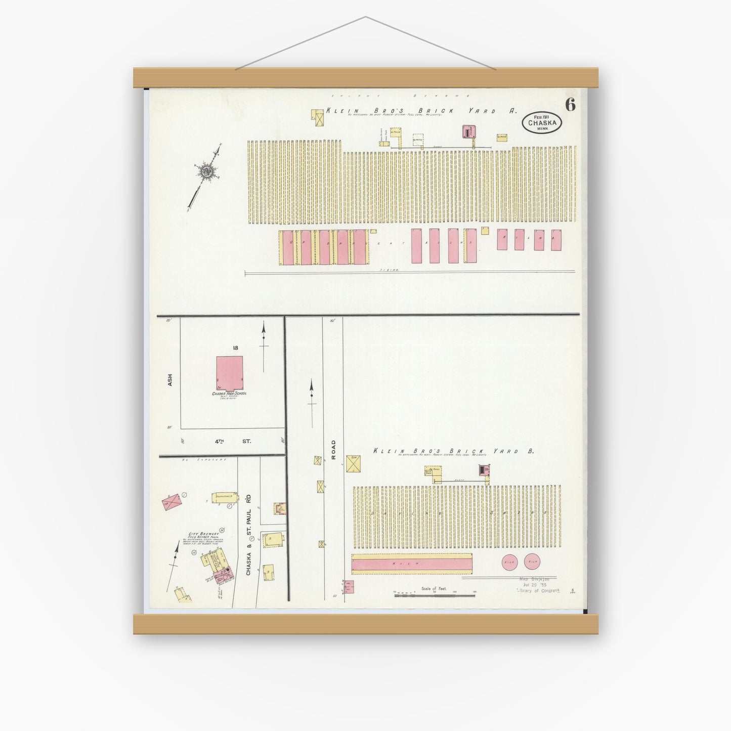 Old map wall art mockup — magnetic wood frame on white wall — Sanborn Fire Insurance Map from Chaska, Carver County, Minnesota (1911), Sheet #0006