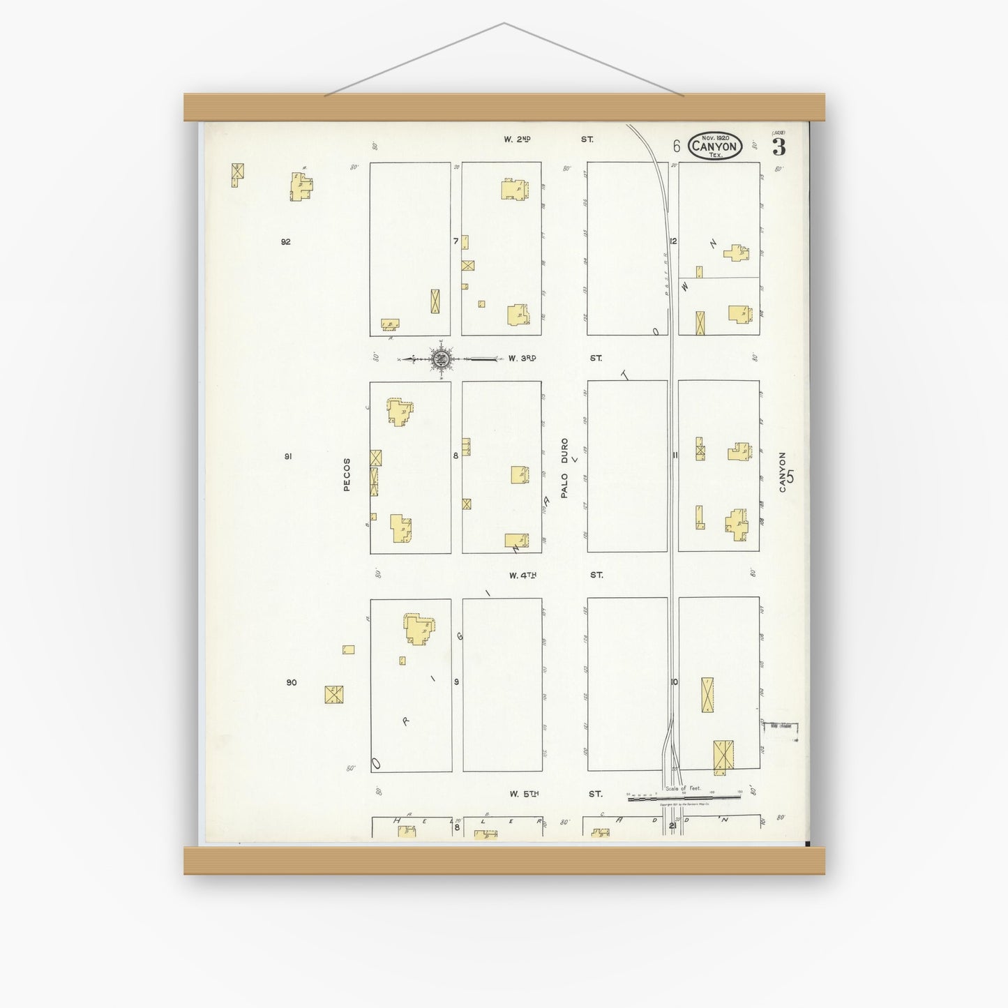Old map wall art mockup — magnetic wood frame on white wall — Sanborn Fire Insurance Map from Canyon, Randall County, Texas (1920), Sheet #0003