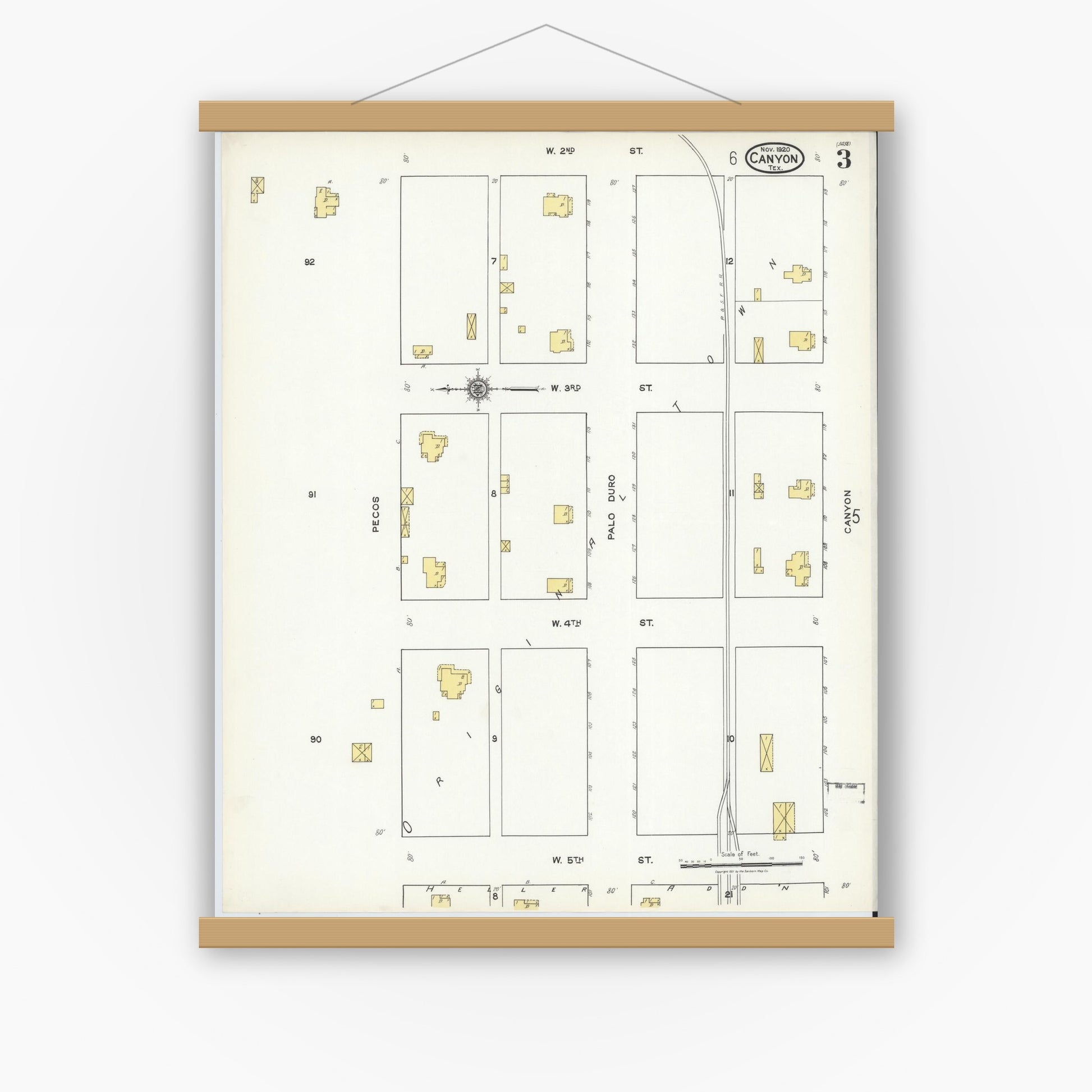 Old map wall art mockup — magnetic wood frame on white wall — Sanborn Fire Insurance Map from Canyon, Randall County, Texas (1920), Sheet #0003